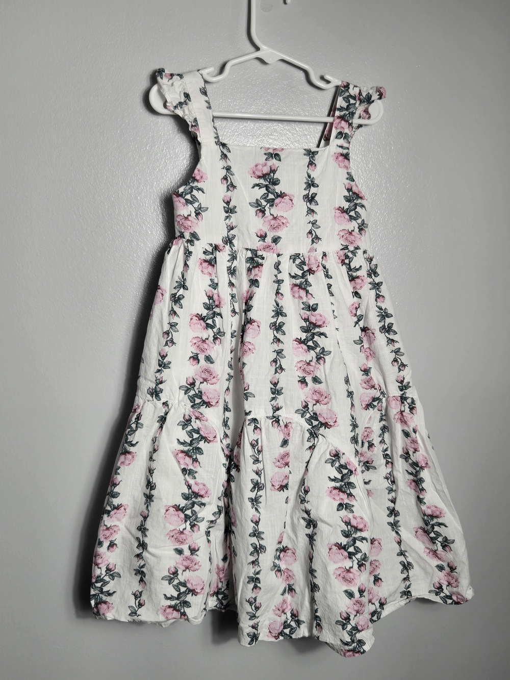 Happily Grey Girls White Pink Rose Floral Ruffle Tiered Midi Sundress Size 5